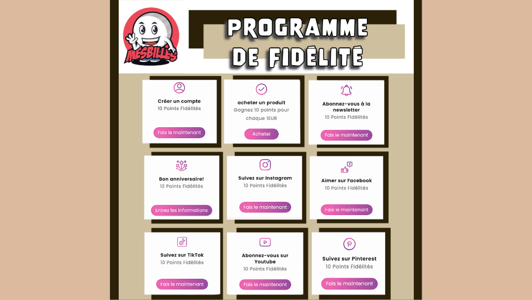 Devenez membre de notre programme de fidélité et accédez à des avantages exclusifs aux membres à chaque fois que vous faites des achats. De nombreuses récompenses attractives vous attendent !