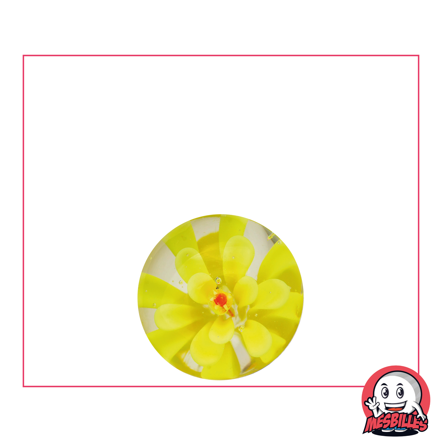 Bille Art Fleur 3D 16 mm, bille cristalline avec fleur jaune en incrustation, Bille unique MesBilles