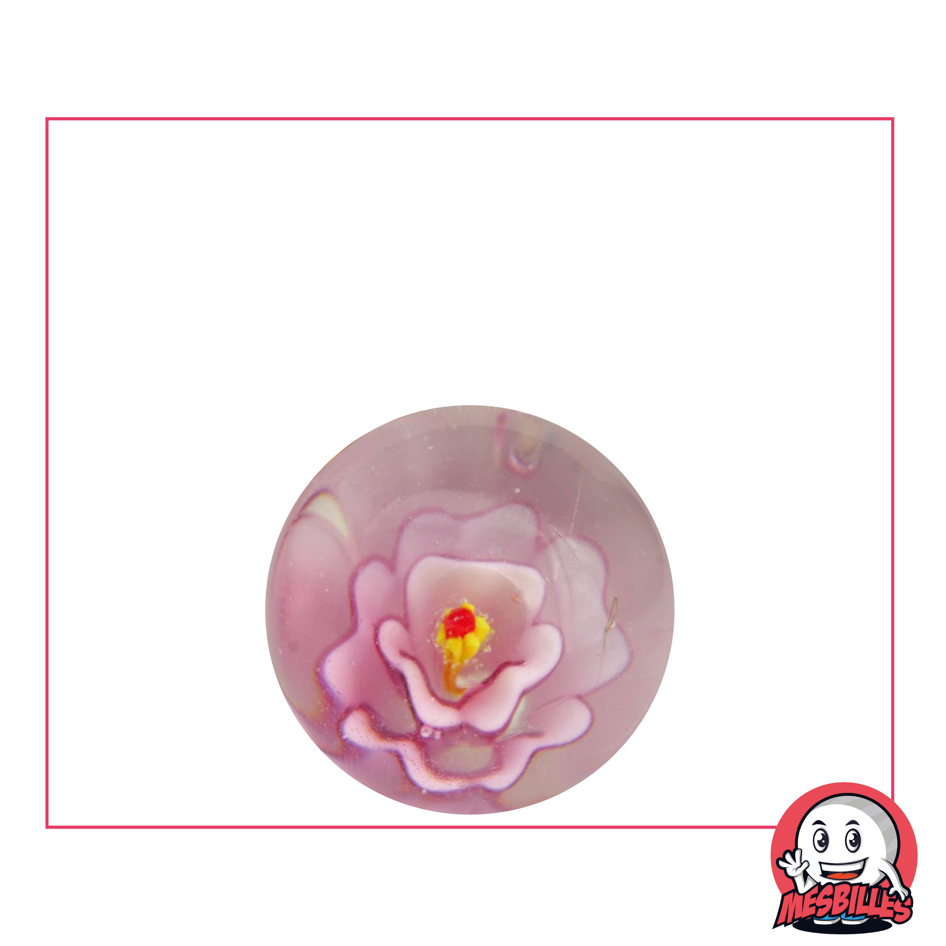 Bille d'Art Fleur Rose, bille en cristal translucide avec une fleur rose en incrustation au millieu