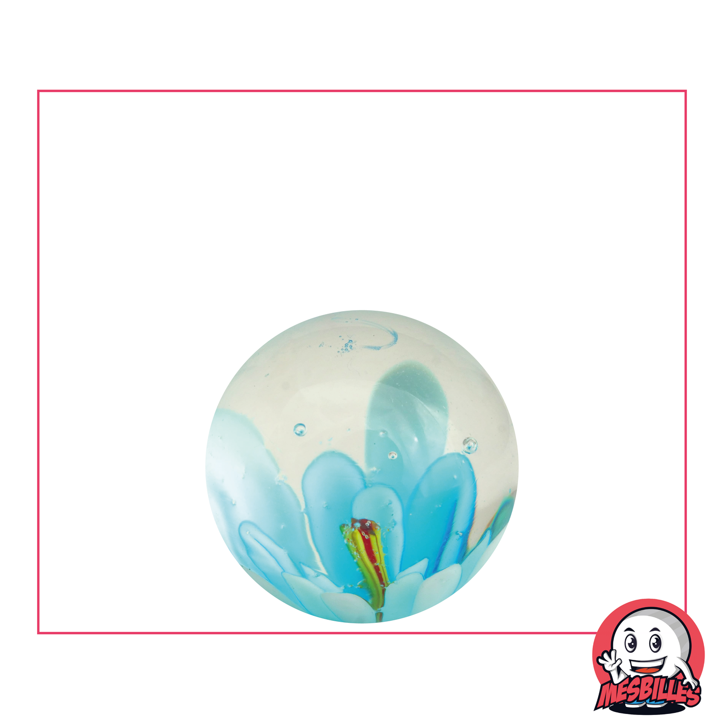 Bille Art Fleur, en verre translucide et fleur turquoise en 3D incrustée au centre - MesBilles