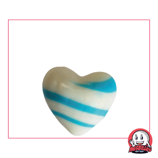 Bille Forme Coeur en verre opaque blanc rayée de bleu-clair, bille plate 25 mm, MesBilles