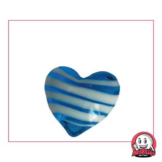 Bille Forme Coeur en verre translucide bleu-intense rayée de blanc, bille plate 25 mm, MesBilles