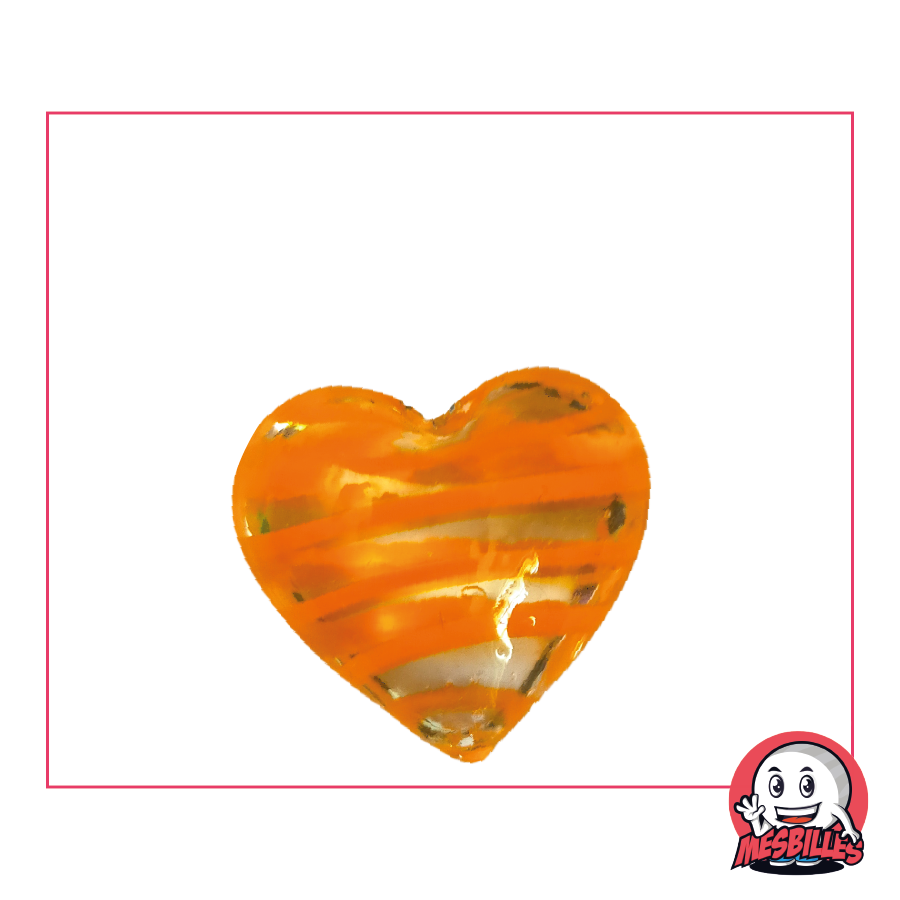 Bille Forme Coeur en verre translucide cristal rayée d'orange, bille plate 25 mm, MesBilles