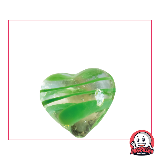 Bille Forme Coeur en verre translucide cristal rayée de vert, bille plate 25 mm, MesBilles
