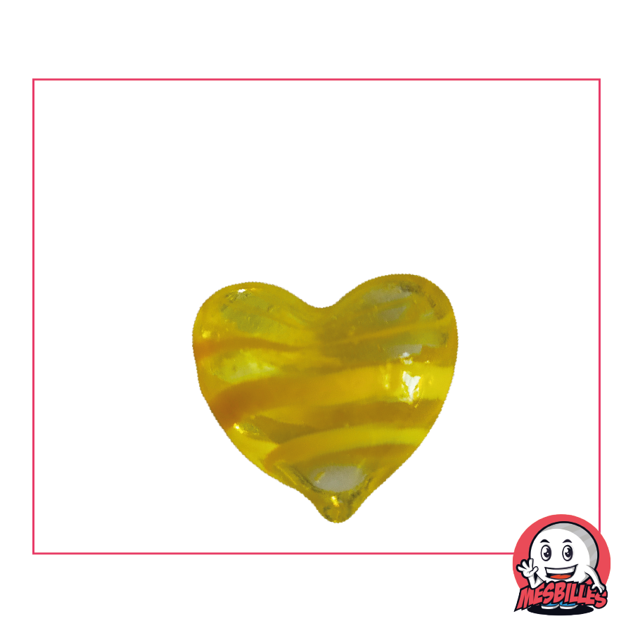 Bille Forme Coeur en verre translucide jaune et rayée de Jaune Opaque, bille plate 25 mm, MesBilles