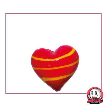 Bille Forme Coeur en verre opaque rouge et rayée de jaune, bille plate 25 mm, MesBilles