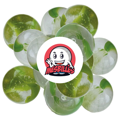 Image de la Mascotte MesBilles entourée de Billes Nénuphar 14 mm - Verre Translucide Cristal strié de Vert