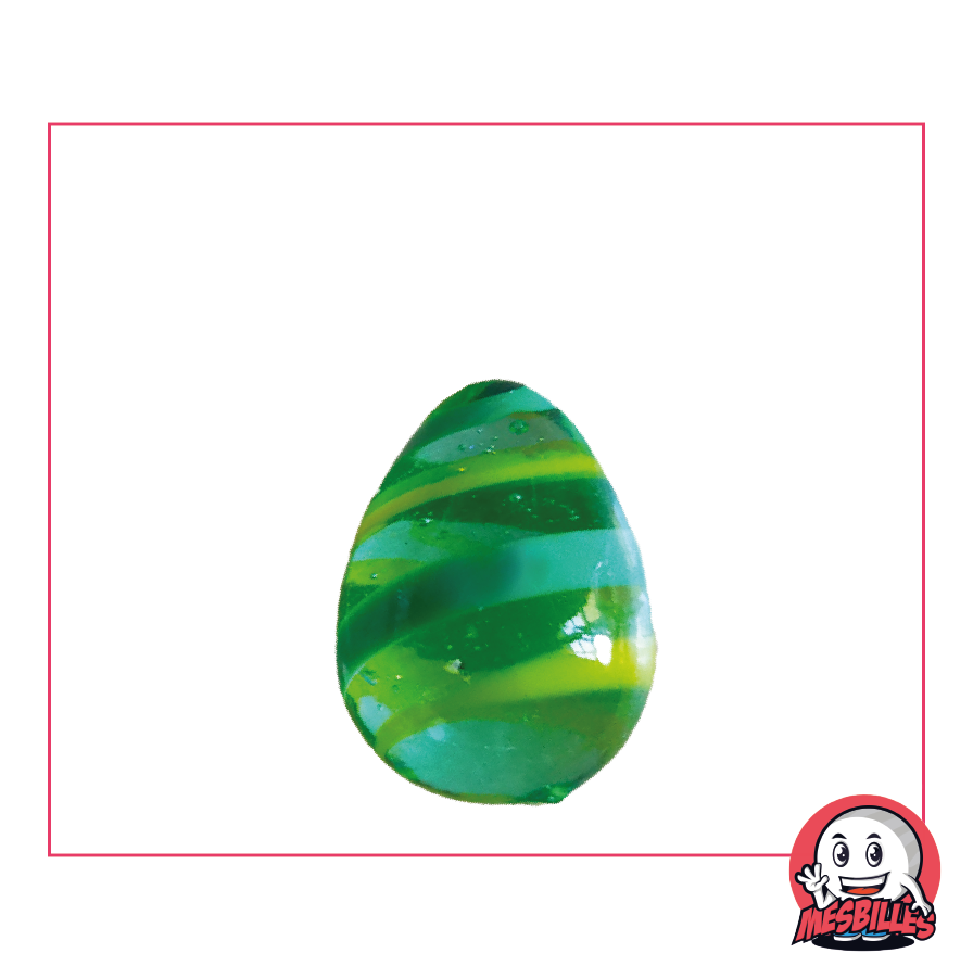 Bille Oeuf MesBilles, forme inattendue, verre translucide vert rayé de jaune et vert, 25mm
