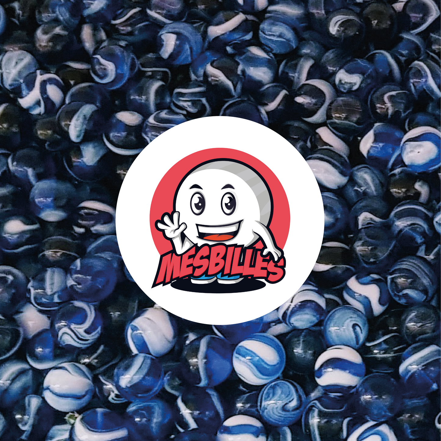 Image de la Mascotte MesBilles entourée de Billes Spot 16 mm - Verre Translucide Bleu strié de Blanc