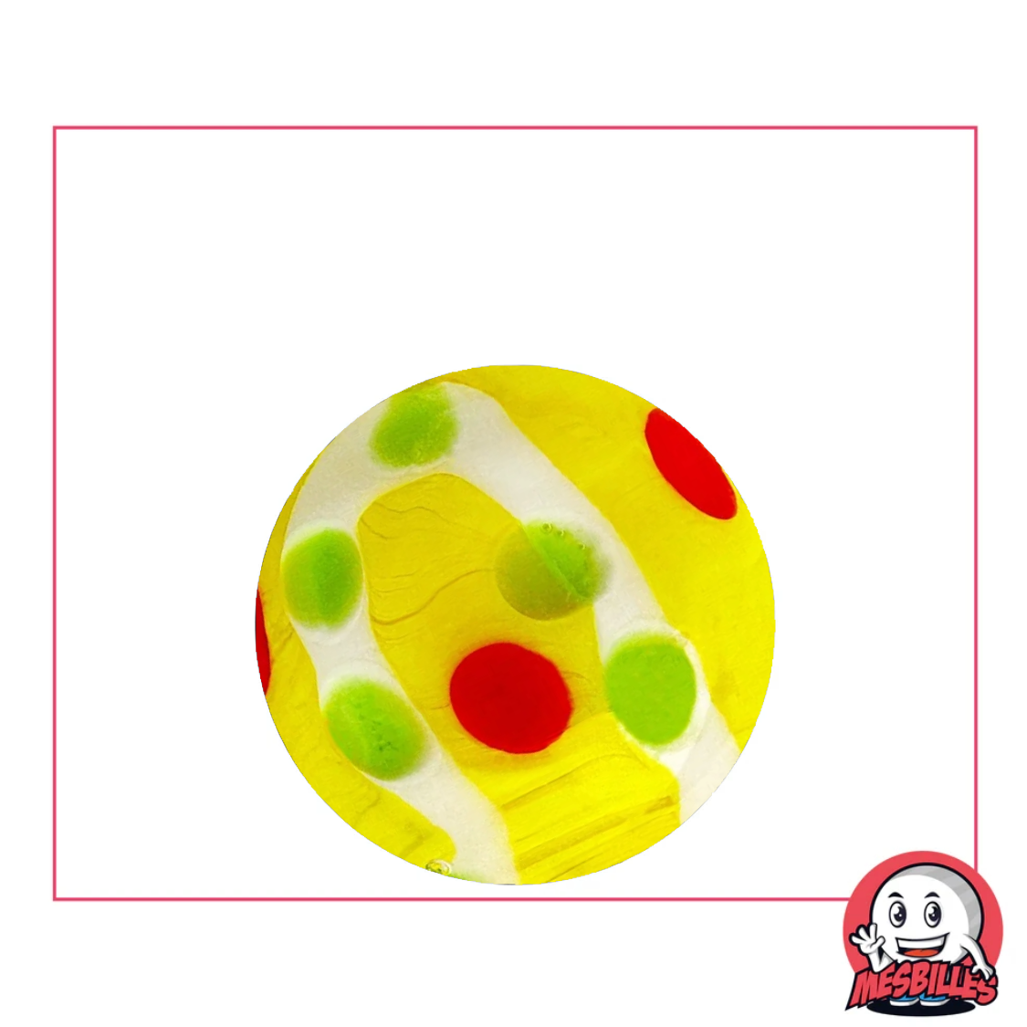 Bille d'art Citrus Pop en verre de 25 mm, jaune éclatant avec motifs rouges et verts