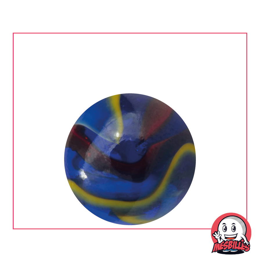Bille Michel-Ange 25 mm en verre bleu, avec striures rouges, blanches et jaunes - MesBilles