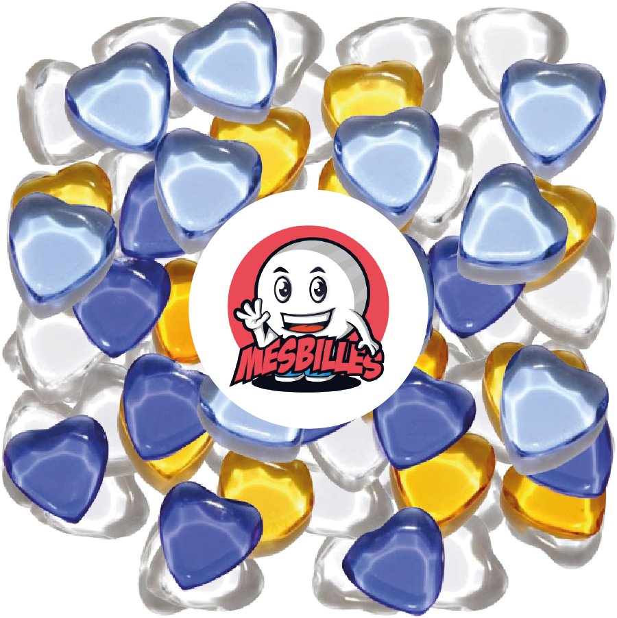 Image de la Mascotte MesBilles entourée de Billes Extra-Plate Cœur en Verre Translucide Bleu-Foncé - MesBilles