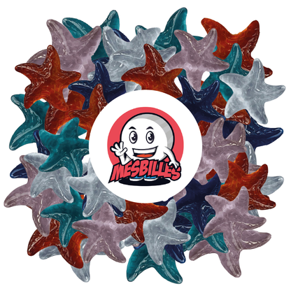 Image de la Mascotte MesBilles entourée de billes Extra-plate Étoile de Mer Bleu-Intense, le mystère des abyses des billes Formes chez MesBilles