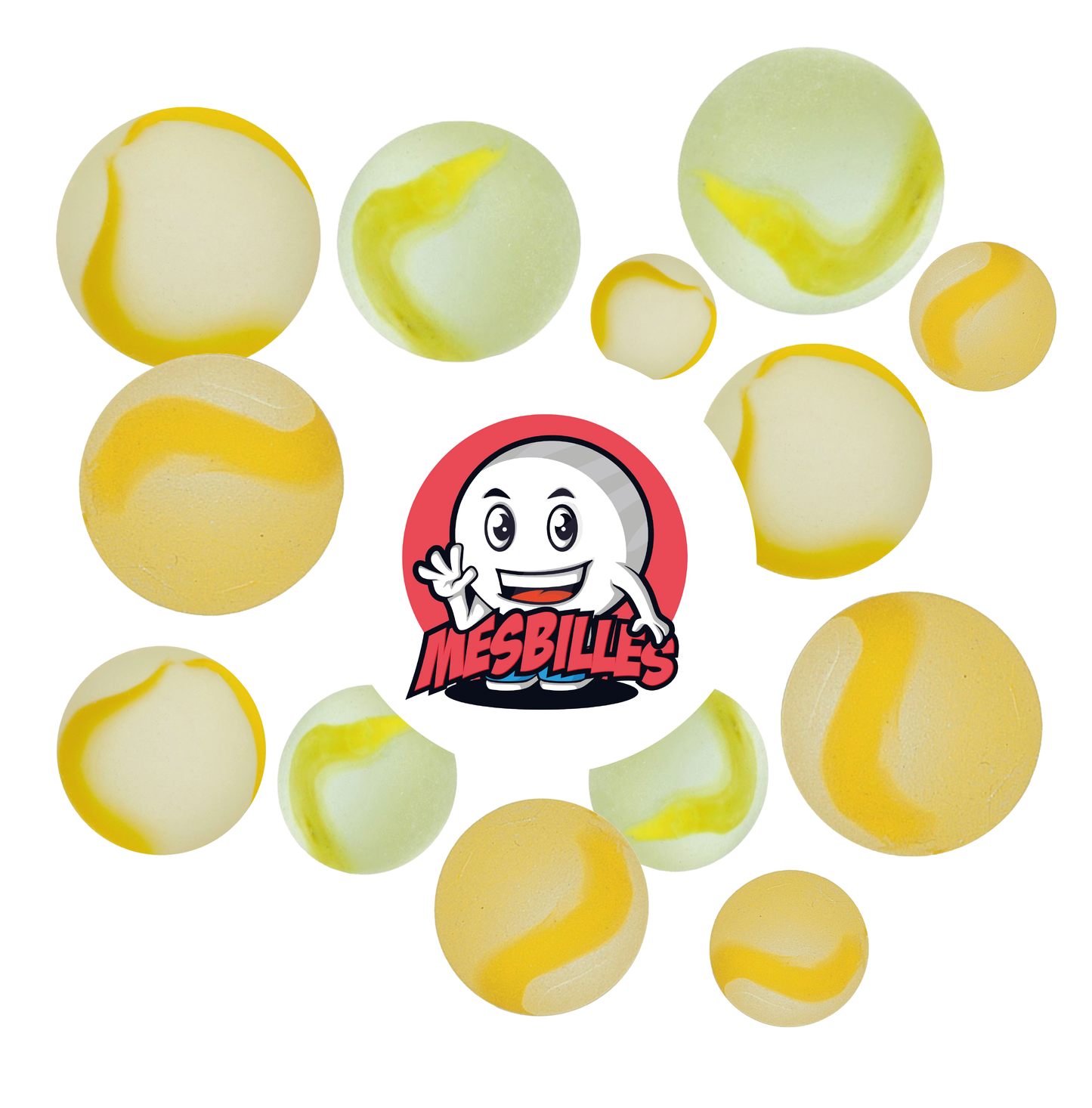 Image de la Mascotte MesBilles entourée de Billes Givré - Bille en verre Dépoli strié de Jaune 22 mm MesBilles