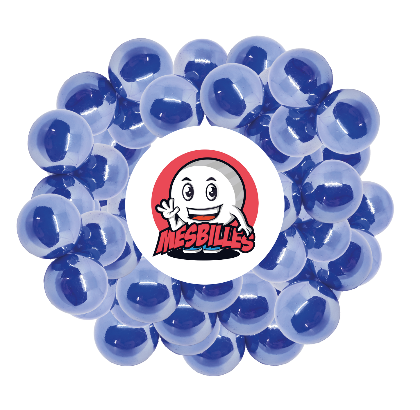 Image de la Mascotte MesBilles entourée de Billes Glossy 16 mm - Verre Opaque et Brillant Bleu Nacré - MesBilles