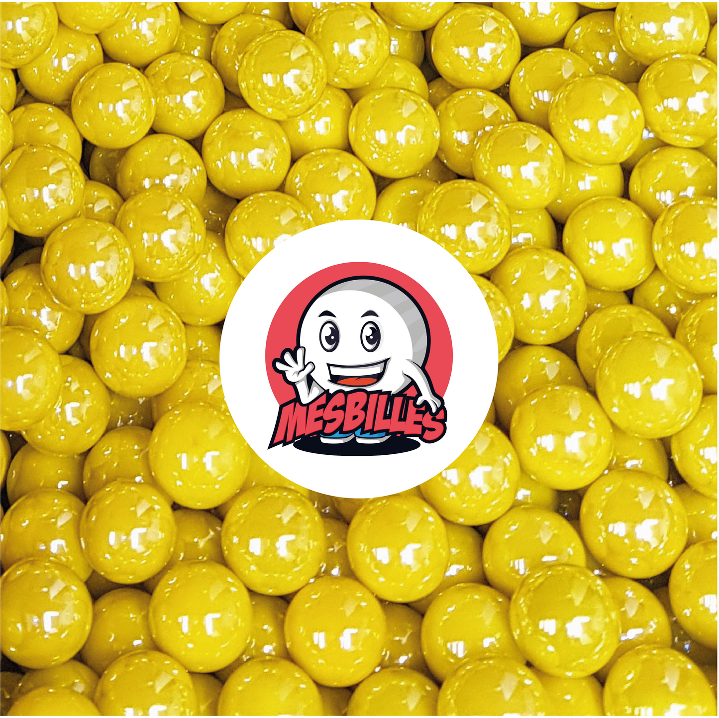 Image de la Mascotte MesBilles entourée de Billes Glossy 22 mm - Verre Opaque et Brillant Jaune Nacré