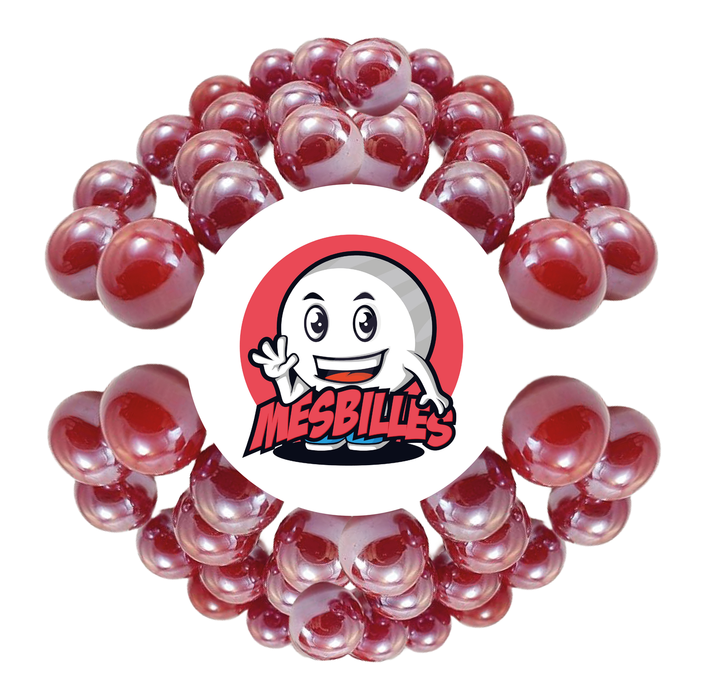 Image de la Mascotte MesBilles entourée de Billes Glossy 14 mm - Verre Opaque et Brillant Rouge