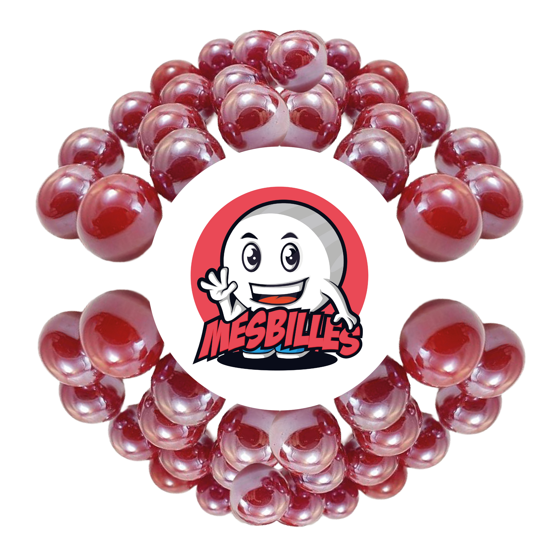 Image de la Mascotte MesBilles entourée de Billes Glossy 16 mm - Verre Opaque et Brillant Rouge