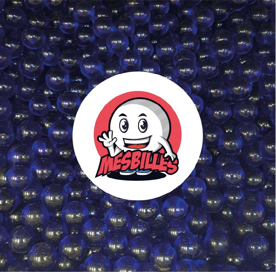 Image de la Mascotte MesBilles entourée de Billes Loupe 14 mm - Verre Translucide Bleu-Nuit