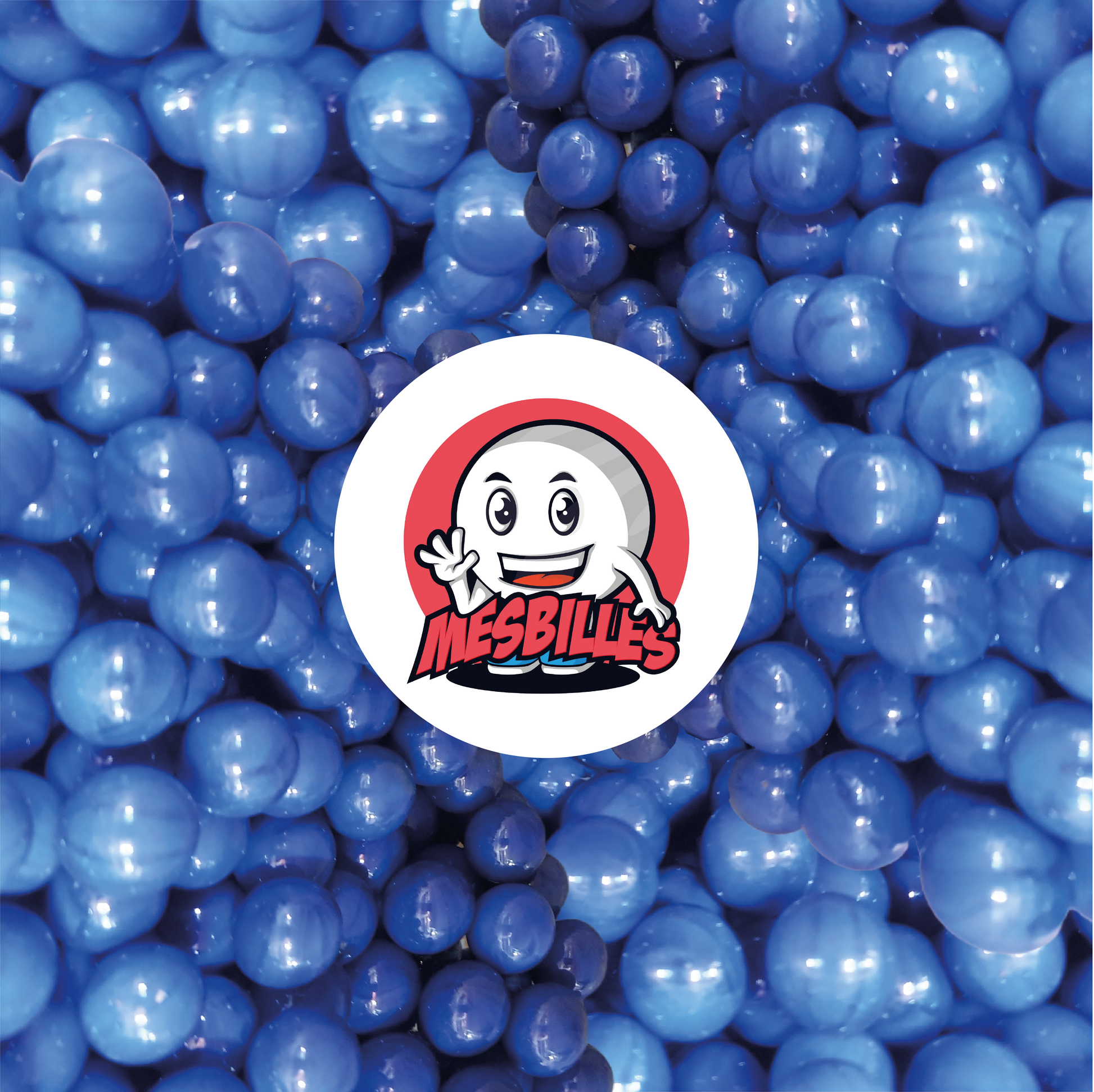 Image de la Mascotte MesBilles entourée de Billes Perle Opaque 14 mm | Une Ode à la Couleur Bleue - MesBilles