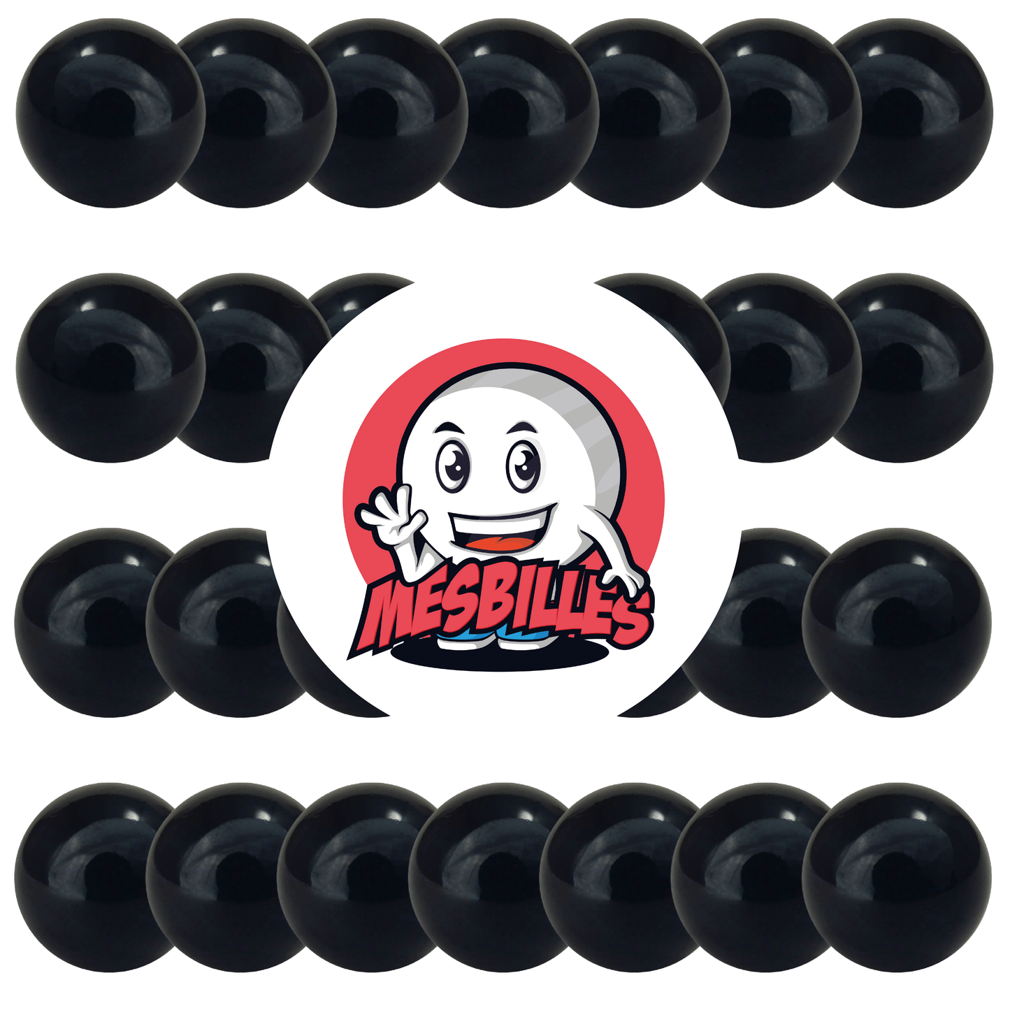 Image de la Mascotte MesBilles entourée de Billes Perle Opaque Noire 14 mm - Bille en verre ronde