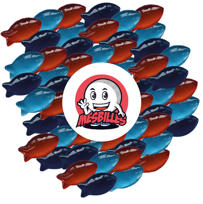 Image de la Mascotte MesBilles entourée de Billes Extra-Plate Poison Bleu en Verre Translucide - Décoration, Jeu et Collection - MesBilles