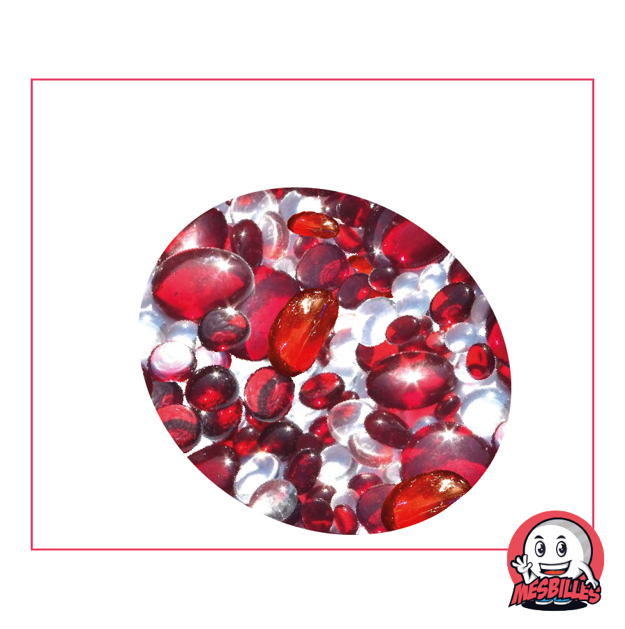 Billes Plates, mélange rouge et cristal, 30mm, 18mm, 12mm, translucides