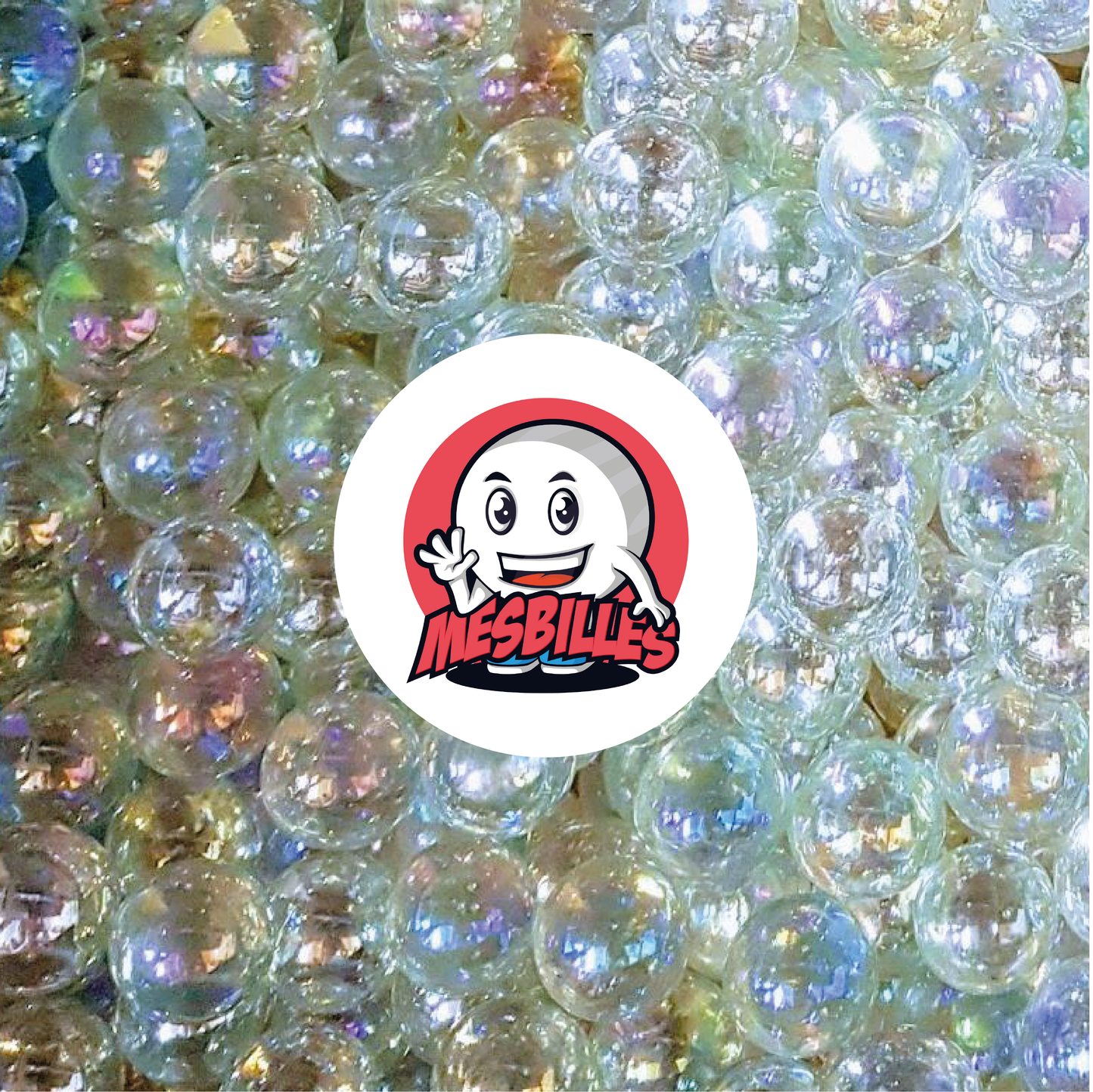 Image de la Mascotte MesBilles entourée de Billes Rondes Irisées Couleur Cristal 22 mm