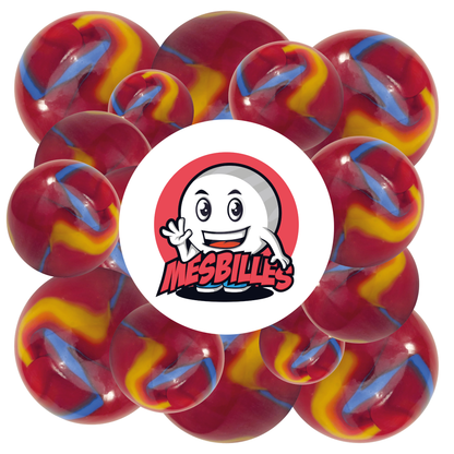 Image de la Mascotte MesBilles entourée de Billes Fiesta 22 mm rouge striée de bleu et de jaune