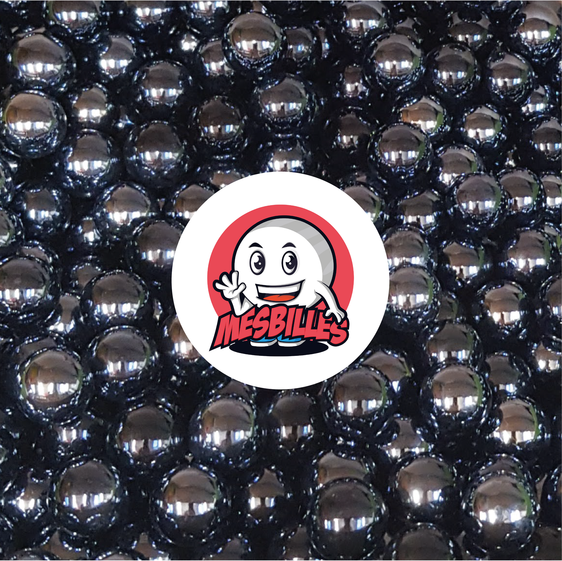 Image de la Mascotte MesBilles entourée de Billes Glossy nacrées opaques brillantes Noires 16 mm