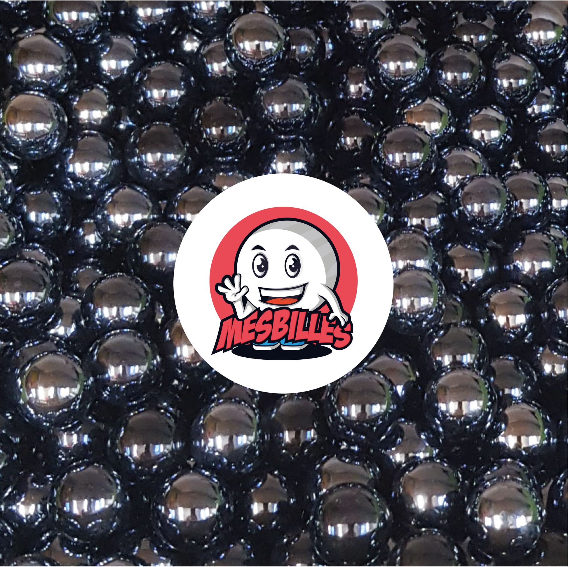 Image de la Mascotte MesBilles entourée de Billes Glossy nacrées opaques brillantes Noires 22 mm