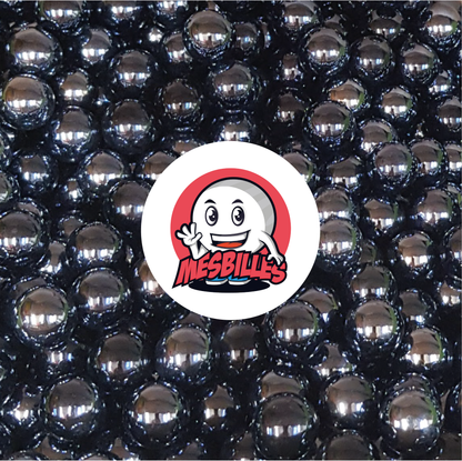 Image de la Mascotte MesBilles entourée de Billes Glossy nacrées opaques brillantes Noires 25 mm