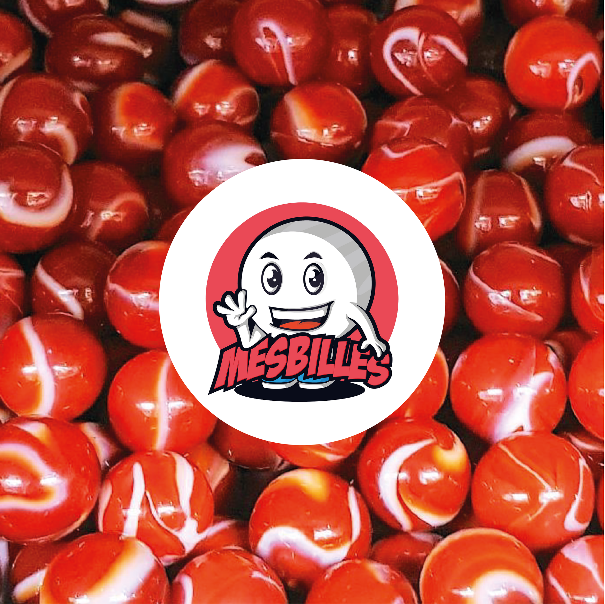Image de la Mascotte MesBilles entourée de Billes rouge opaque avec traces de blanc, bille en verre opaque, 16 mm