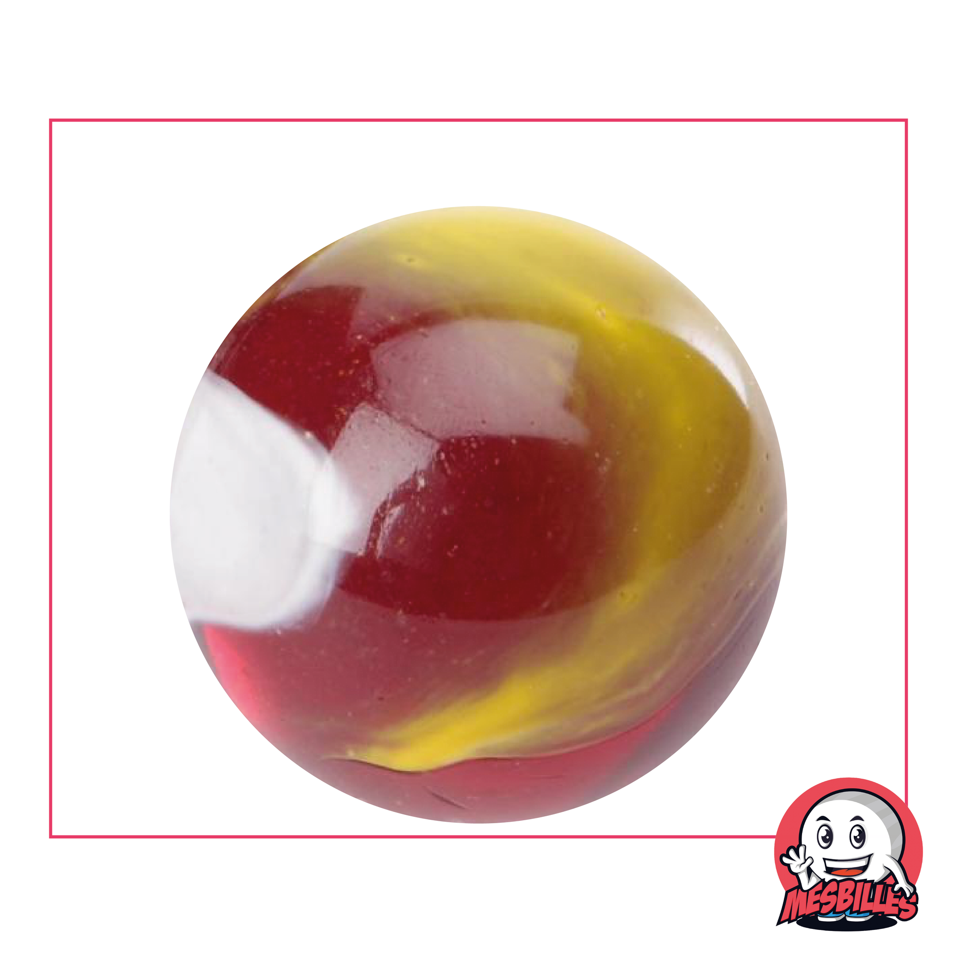 Bille Clown de 42 mm en verre rouge sombre translucide et courbes blanches et jaune, Grosse Bille