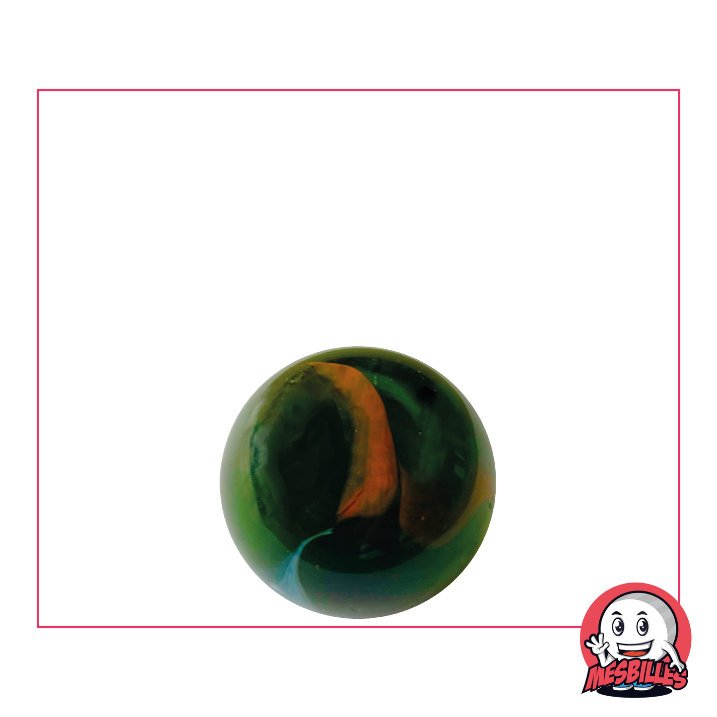 1 Bille Croco de 16 mm, bille en verre translucide de couleur Verte avec du blanc et orange opaque