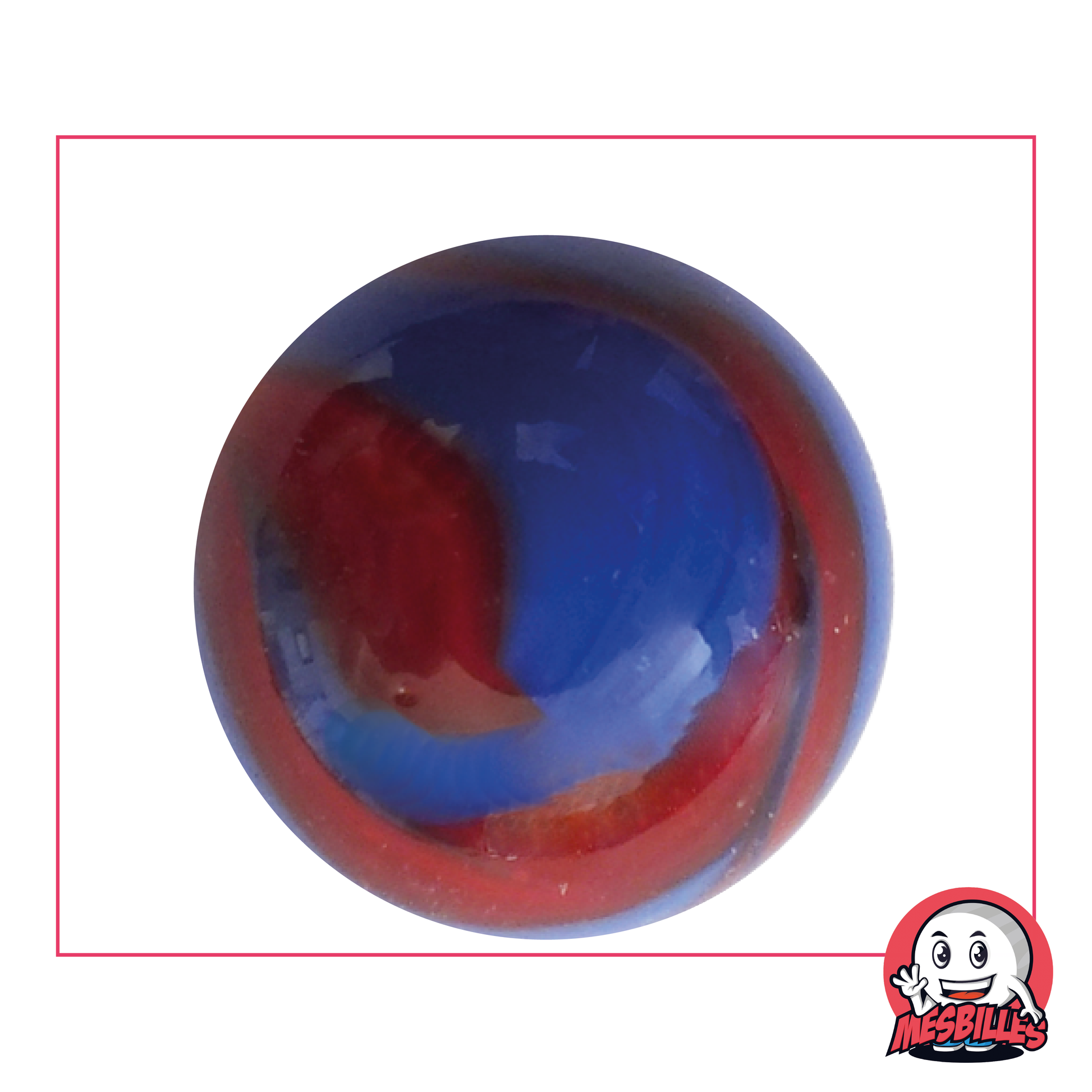 Bille Dino 42 mm en verre de couleur Bleu de type porcelaine ornée de rouge, bille de taille Baleine