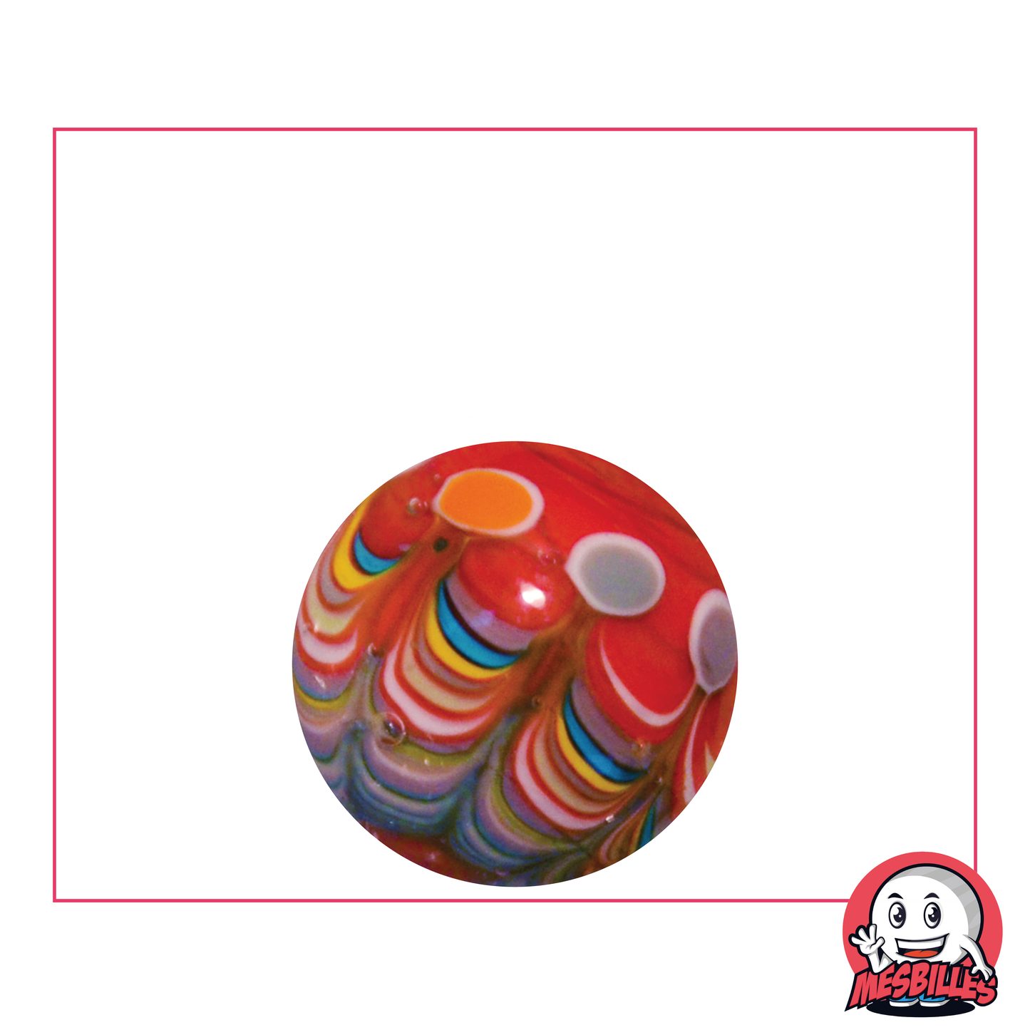 Bille Art Joker Rouge 22 mm, bille personnalisée réalisée à la main avec de multiples ronds colorés.