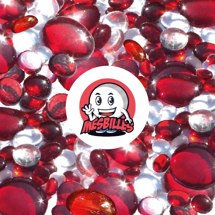 MesBilles - 250 gr Billes Plates, mélange rouge et cristal, 30mm, 18mm, 12mm, translucides