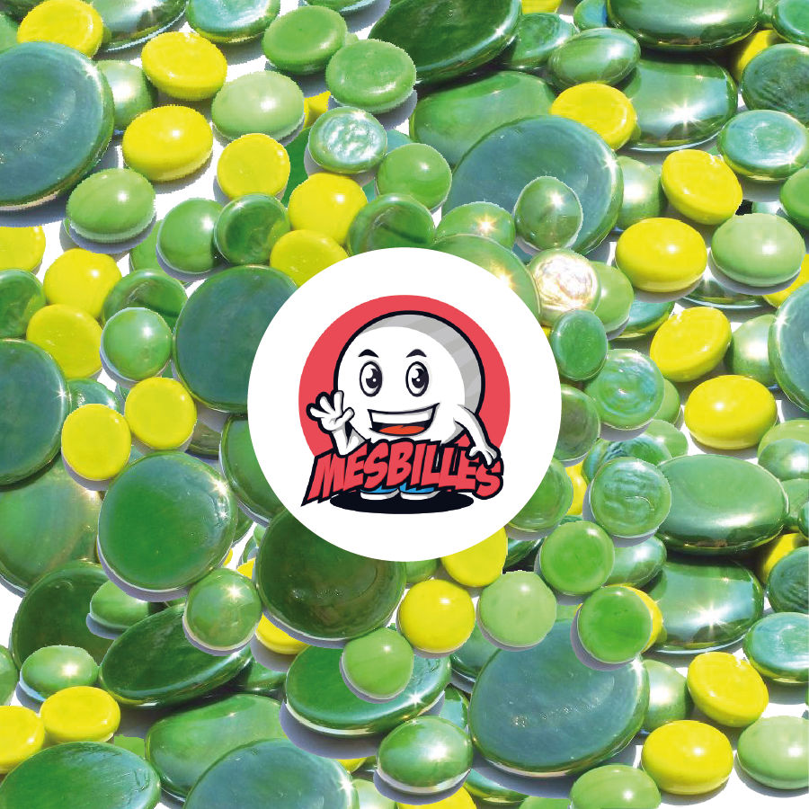 MesBilles - 250 gr Billes plates glossy en vert et vert citron de 30mm, 18mm et 12mm