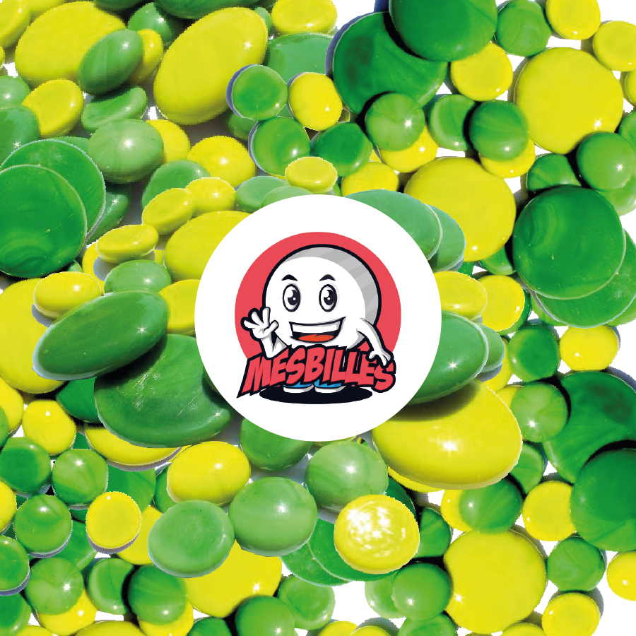 MesBilles - 250 grr Billes plates opaques en vert et vert citron de 30mm, 18mm et 12mm.