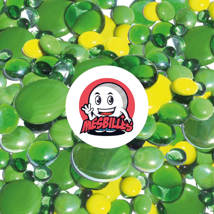 Mascotte MesBilles - Billes Plates en verre vert citron et vert, translucides à brillantes, 12mm-30mm