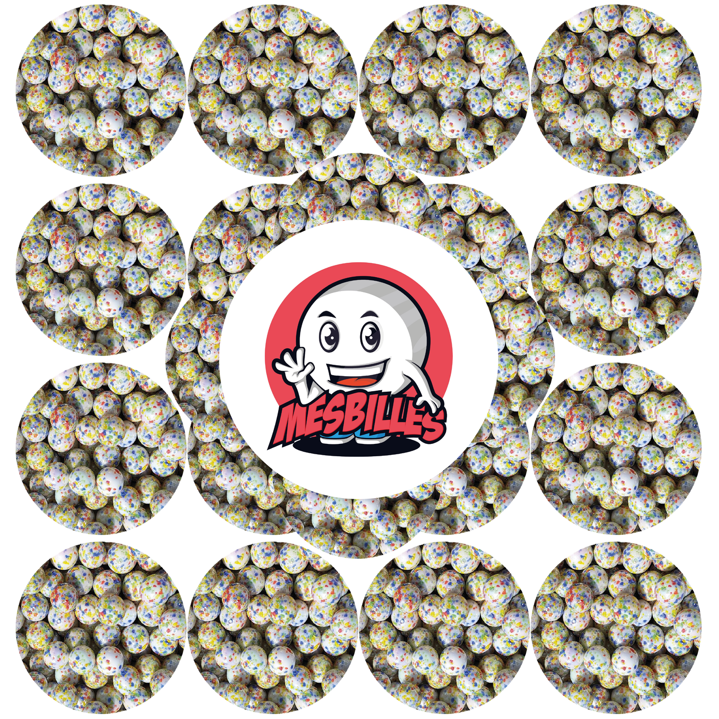 Image de la Mascotte MesBilles entourée de Billes 16 mm blanche opaque recouverte d'éclats multi-couleurs