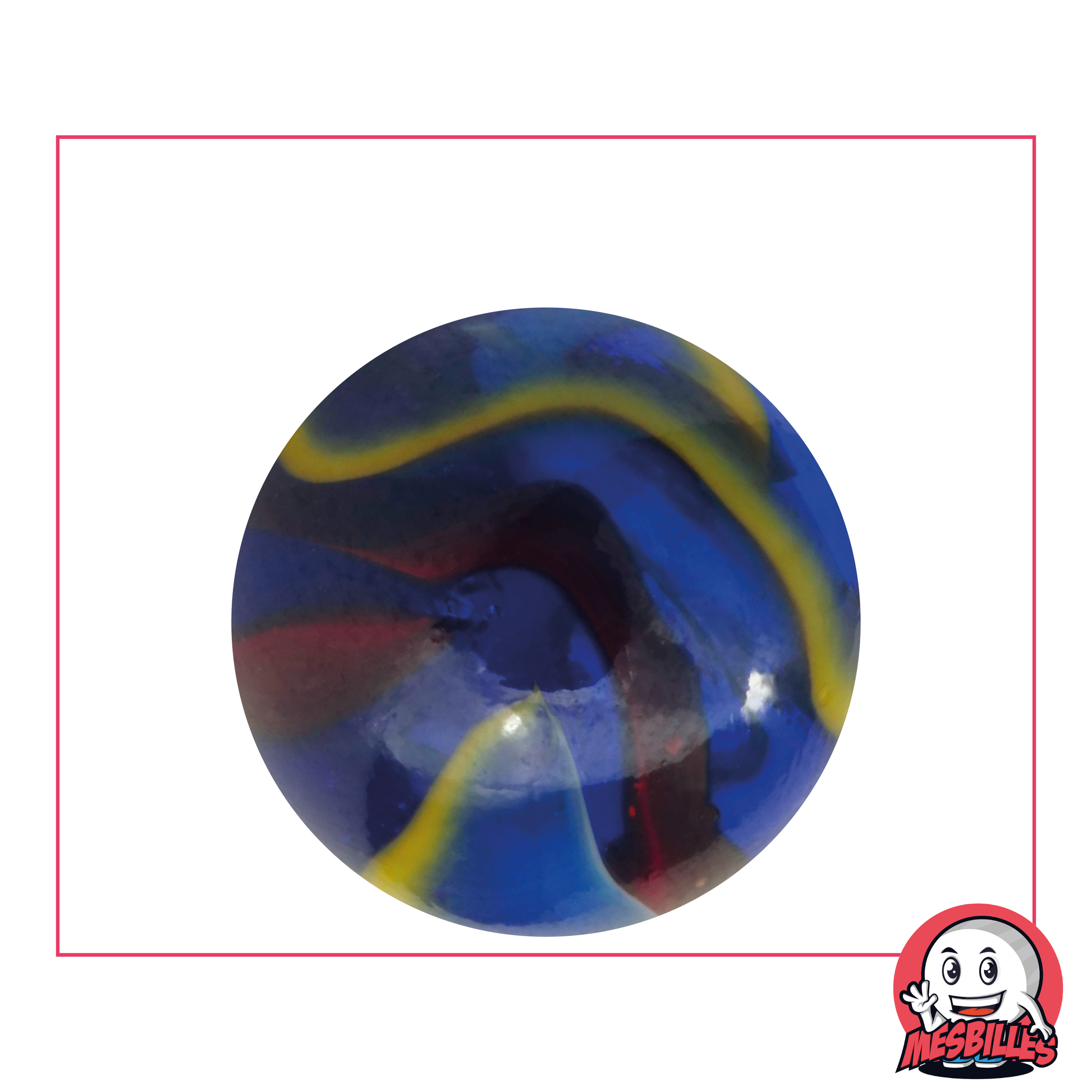 Bille Michel-Ange 35 mm en verre bleu, avec striures rouges, blanches et jaunes - MesBilles