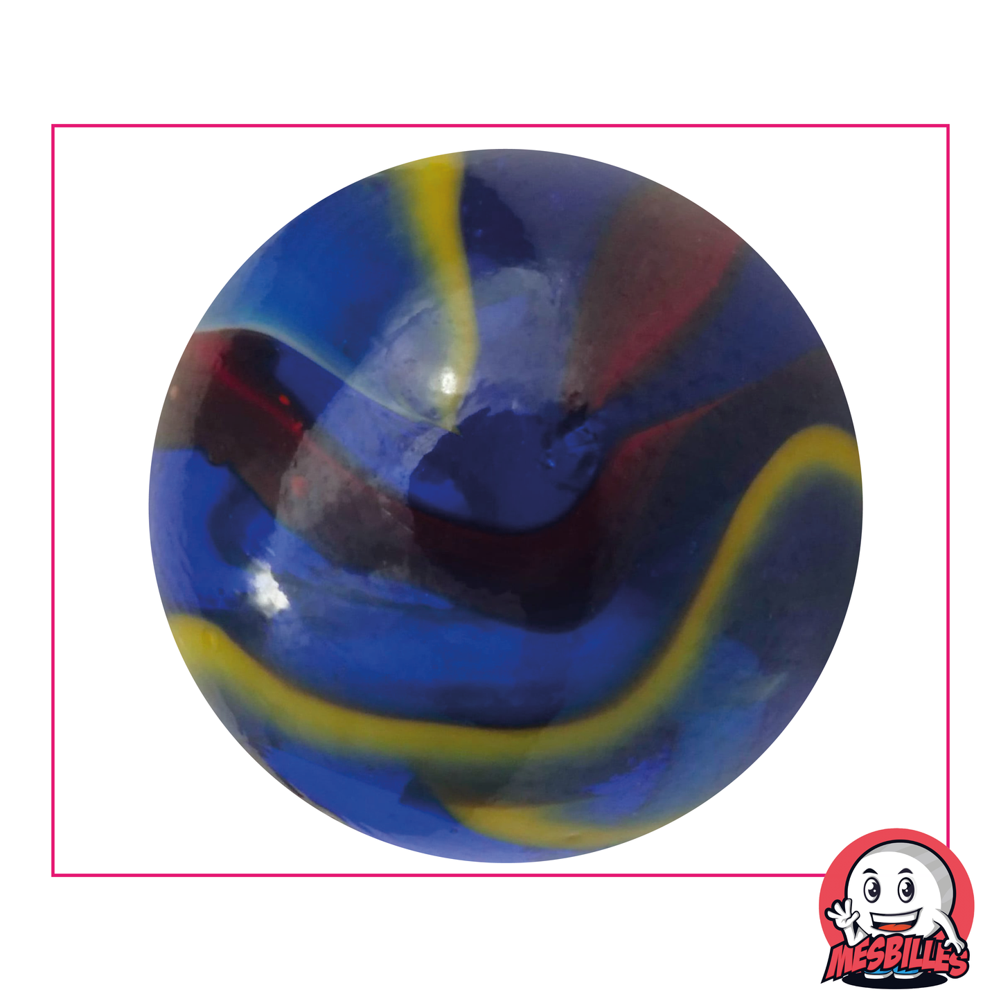Bille Michel-Ange 50 mm en verre bleu, avec striures rouges, blanches et jaunes - MesBilles