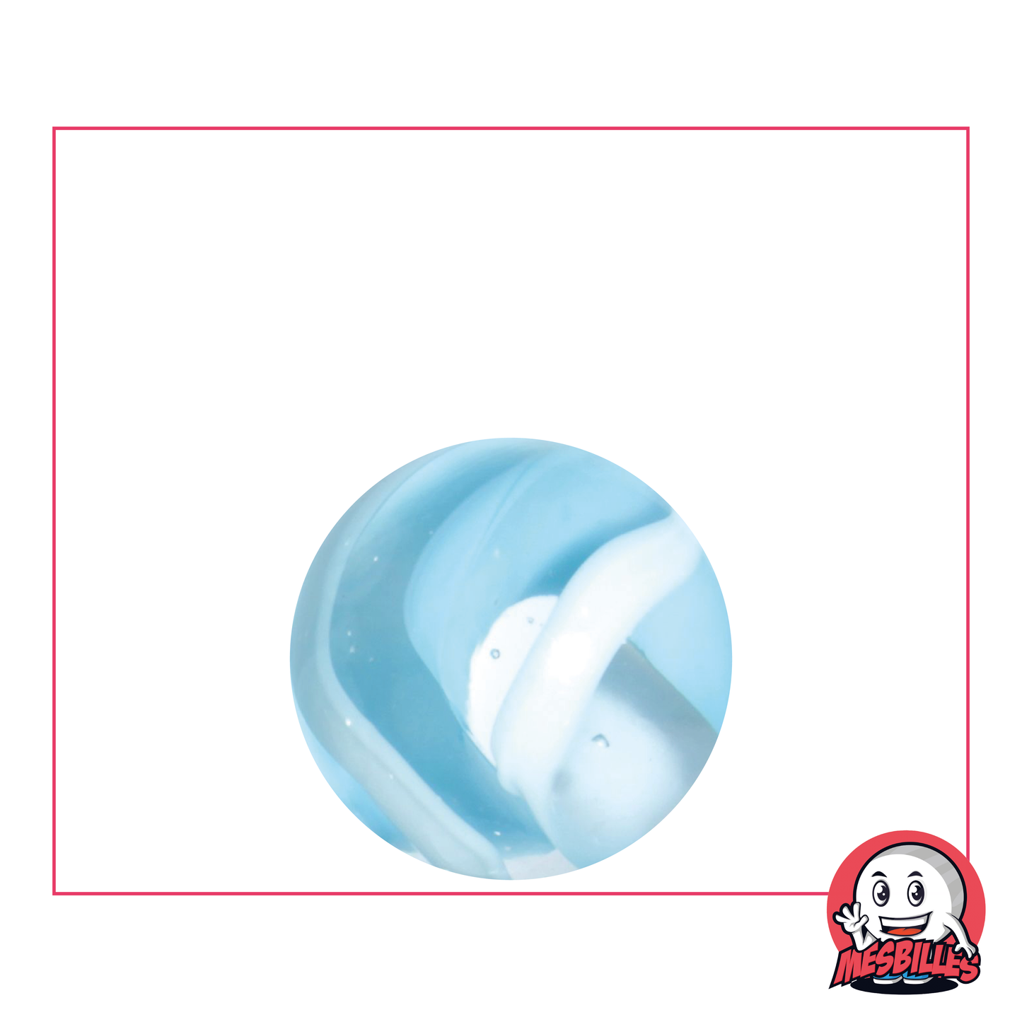 Bille Neige, bille mini-calot en verre translucide partiellement recouverte de blanc et bleu clair