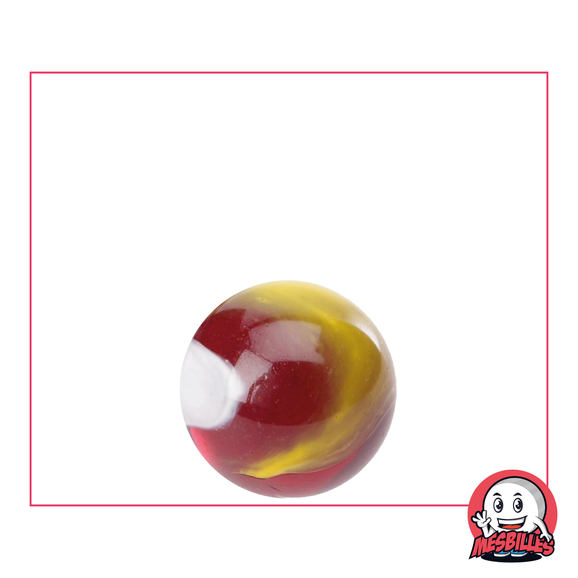 Bille Clown de 16 mm, bille ronde en verre translucide rouge avec en surface du blanc et jaune